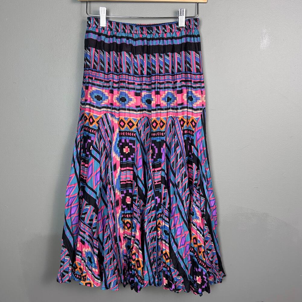 Vintage western skirt small pleated maxi colorful aztec 80s purple broomstick